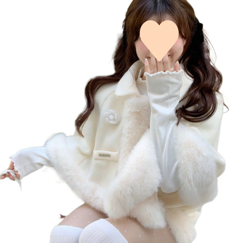 White Wool Furry Cloak for Women – Holiday Rose Cape, Christmas & New Year Outfit