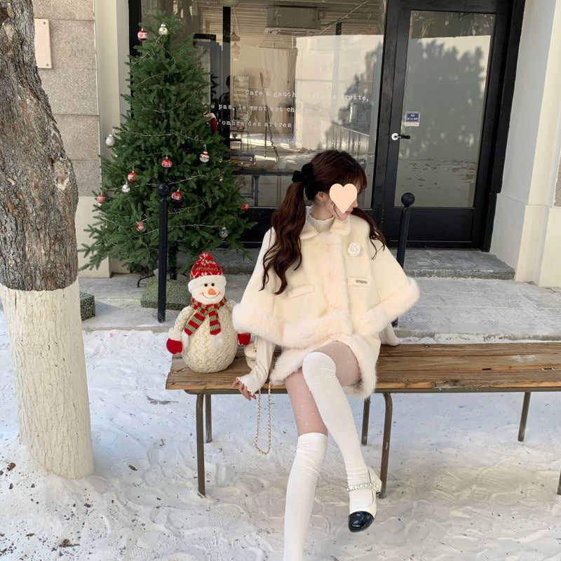 White Wool Furry Cloak for Women – Holiday Rose Cape, Christmas & New Year Outfit