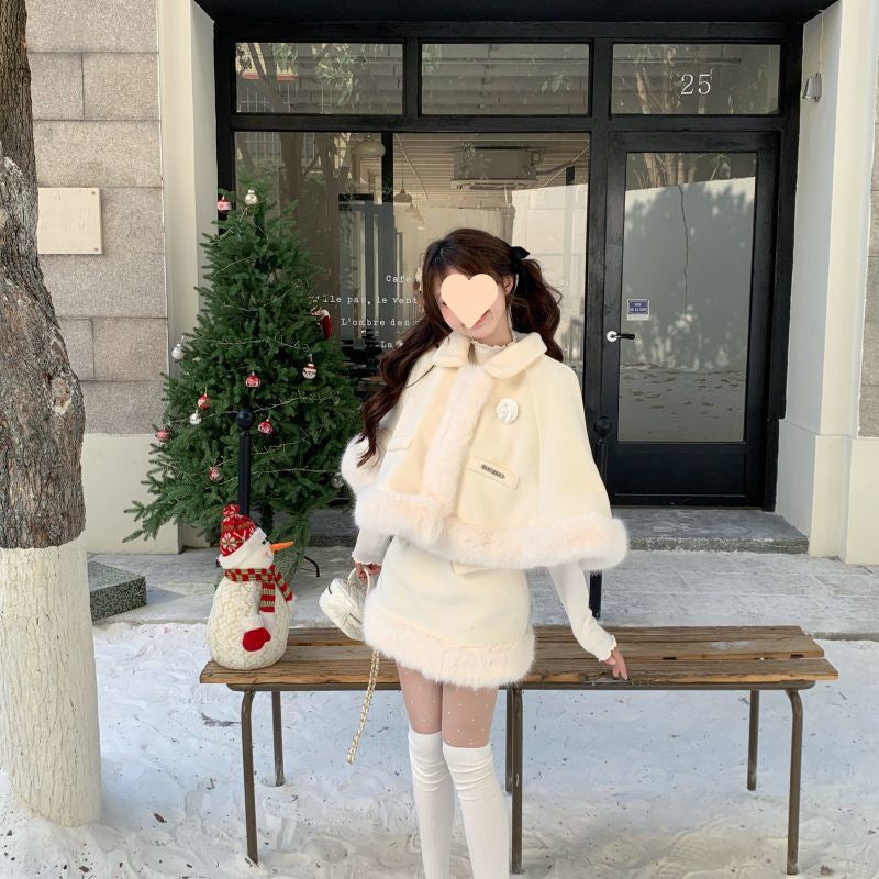 White Wool Furry Cloak for Women – Holiday Rose Cape, Christmas & New Year Outfit