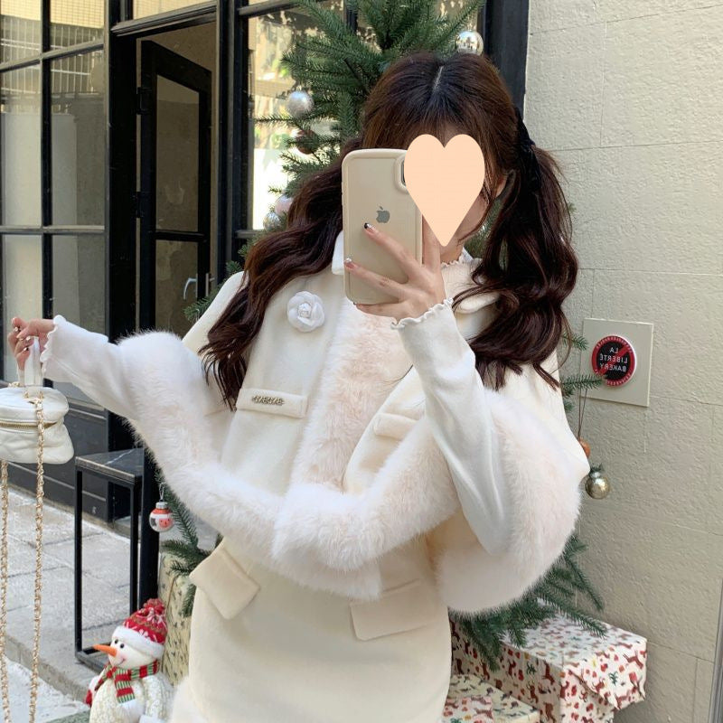 White Wool Furry Cloak for Women – Holiday Rose Cape, Christmas & New Year Outfit