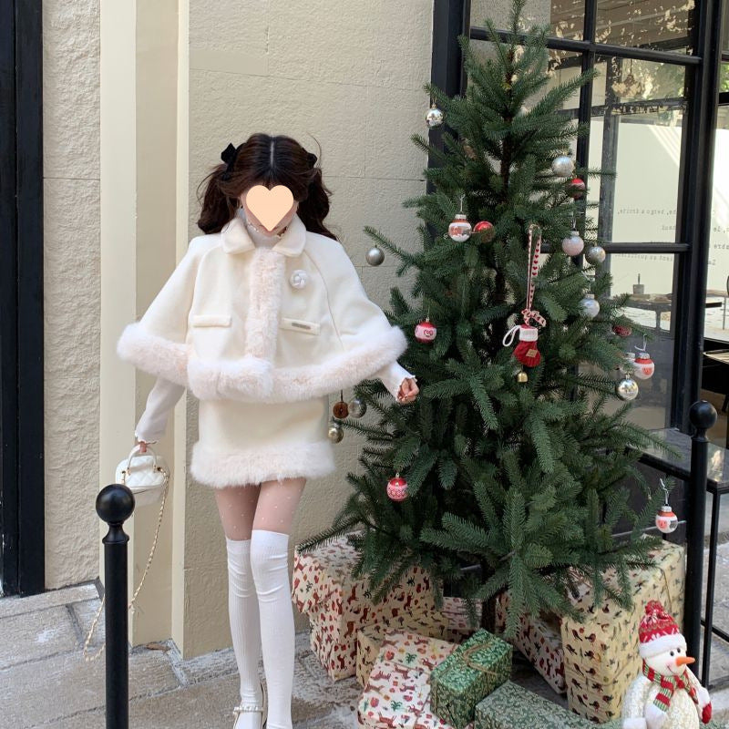 White Wool Furry Cloak for Women – Holiday Rose Cape, Christmas & New Year Outfit