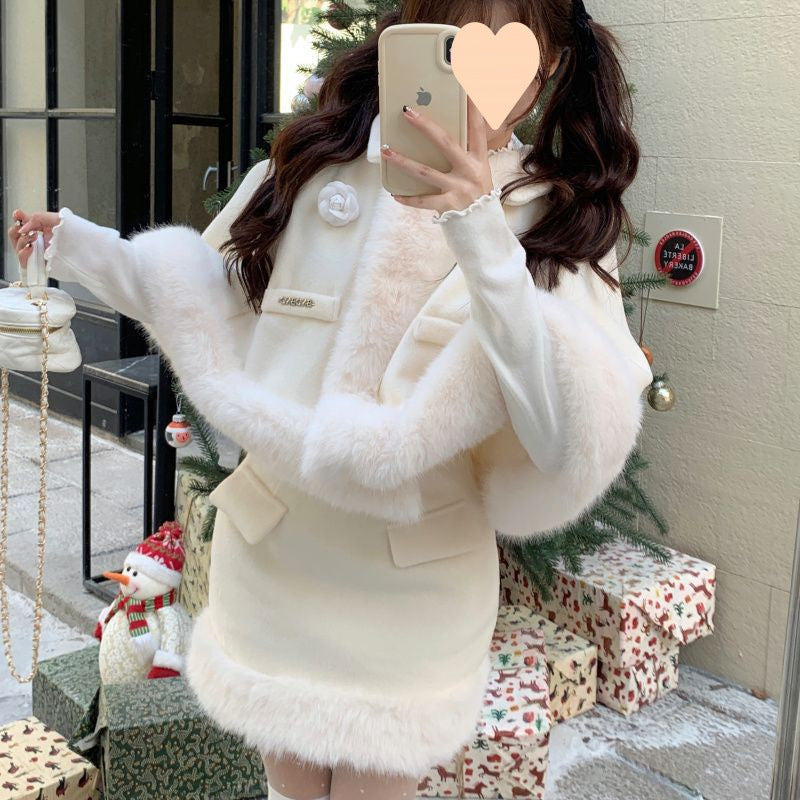 White Wool Furry Cloak for Women – Holiday Rose Cape, Christmas & New Year Outfit
