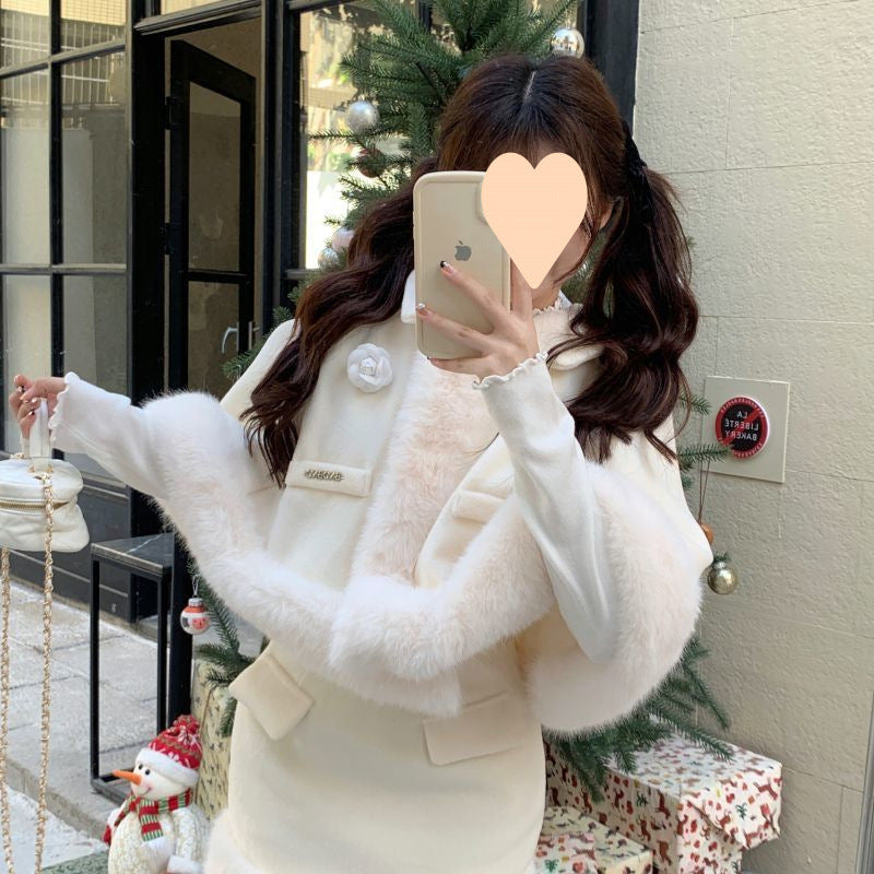 White Wool Furry Cloak for Women – Holiday Rose Cape, Christmas & New Year Outfit